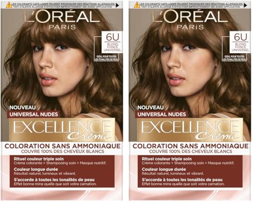 L’ORÉAL PARIS - Coloration Cheveux Cheveux Permanente - Sans Ammoniaque - Couvre 100% des Cheveux Blancs - Excellence Crème Universal Nudes - Nuance : Blond Foncé Universel (6) (Lot de 2)