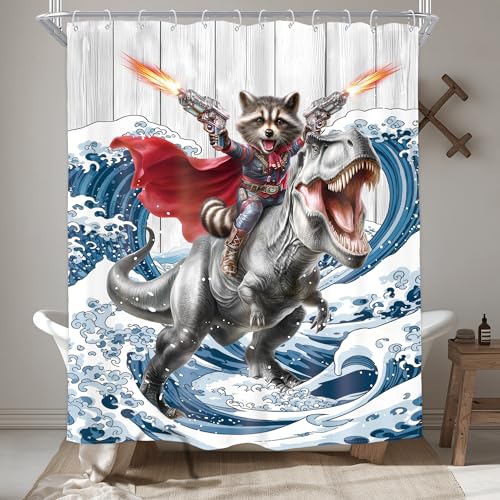 Image of Funny Raccoon Riding Dinosaur Shower Curtain Kids 60Wx72H Inch Decor