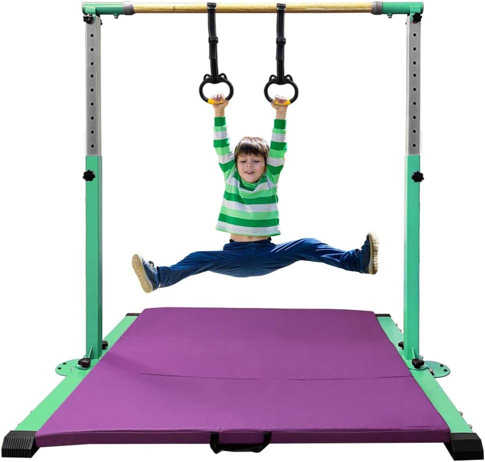 gymnastic kip bar,kids girls junior ages 3-15,3' to 5' adjustable height,home gym equipment,home training,1-4 levels,260lbs weight capacity with mat green