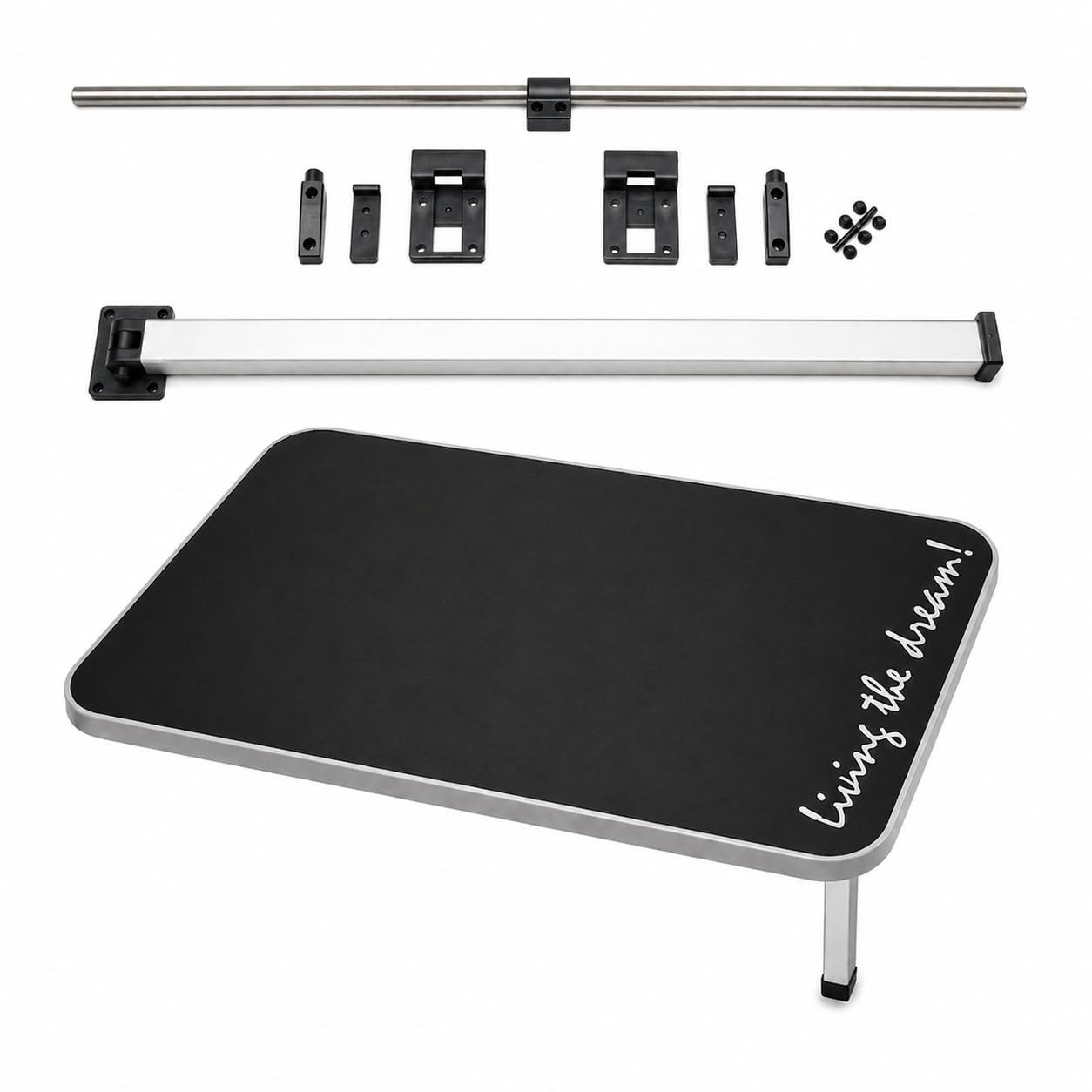 SVAGO Campervan Table Top 750 x 400 mm with Folding Table Kit, Complete Caravan & Motorhome Table Set, Black Table Top with Grey Edge Trim & Living the dream Logo, Rail & Folding Leg for Camper Van