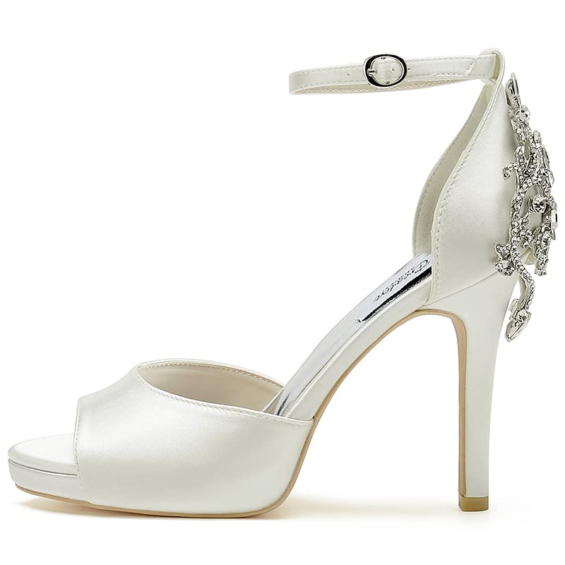 Image of Lady Satin Dress Platform High Heels Wedding Sandals Crystal Back with Free Earrings