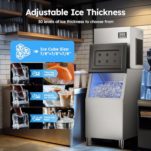 Image of Commercial Ice Machine 550LBS /24H,Storage 400LBS,Large Industrial Ice Maker,Ice Ready in 5-15min,with Self-Cleaning Mode,with Timing Function,30 Levels of Ice Thickness Adjustment,Stainless Steel