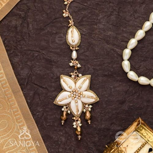 Image of SANJOYA by EVERSTYLISH Embroidered Maangtika for Women | Shell, Beads & Glass Drop Statement Headpiece | Ethnic Jewelry for Weddings, Festivals & Special Occasions