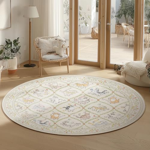 Tapete redondo beige de 4' lavable a máquina miniatura 3