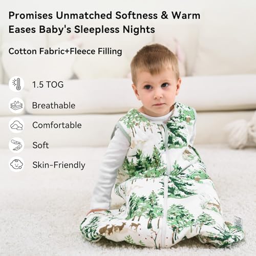 Image of Baby Sleep Sack 6-12 Months 1.5 Tog Baby Wearable Blanket 100% Cotton Fabric Warm Sleeping sack with 2-Way Zipper Quilted for Infant Newborn Tog Green Pine