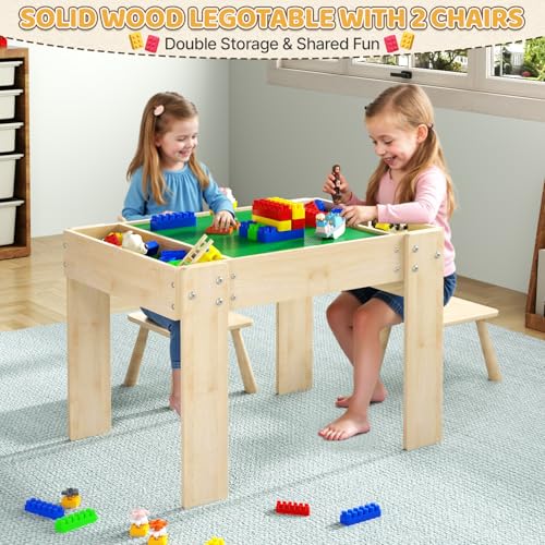 Image of Building Blocks Table with Storage for Kids, Wooden Table Fits Lego Bricks for Toddlers Ages 3+, Kids Activity Play Desk with 2 Chairs, 31.29''X 22.44''X 19.69''