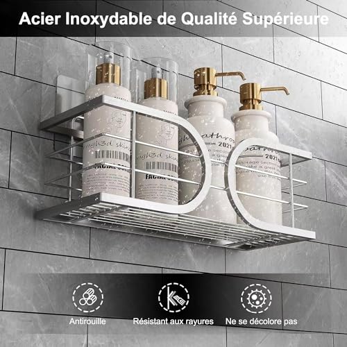 Étagère douche sans perçage murale en acier inoxydable 304 de grande capacité argent - 4