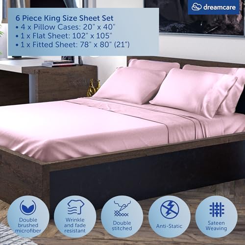 Image of DREAMCARE King Size Sheets Set - 6 pcs Breathable Cooling Sheets King Size | up to 21 inch Extra Deep Pocket King Sheet Set with Side Pockets - Extra Soft 100% Double Brushed Hotel Luxury Bedding - Pink