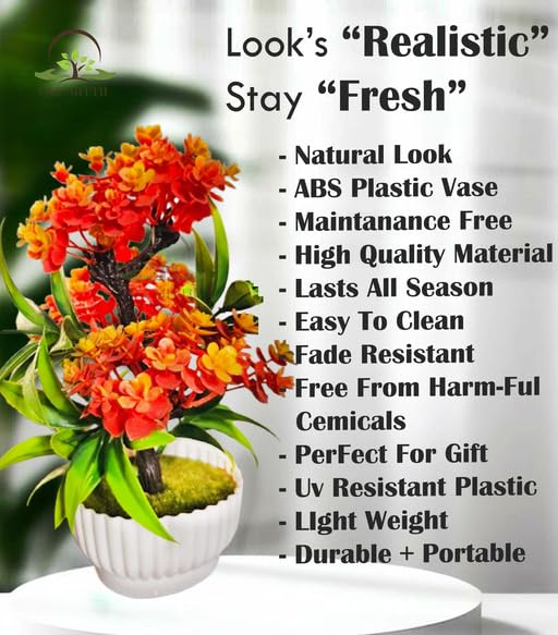 ONE MITTII Fake Artificial Potted Plant Home Decoration Kitchen Corner Table Desk Realistic Centerpiece | Natural Look | 24 cm | Plastic | Orange-Yellow - Image 5