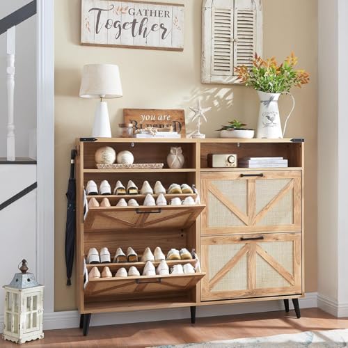 Shoe Storage Cabinet, Boho Rattan Shoe Organizer with 2 Flip Drawers,Farmhouse Freestanding Hidden Slim Narrow Shoe Rack Cabinet with Open Shelves for Entryway, Foyer,Hallway, Natural Natura