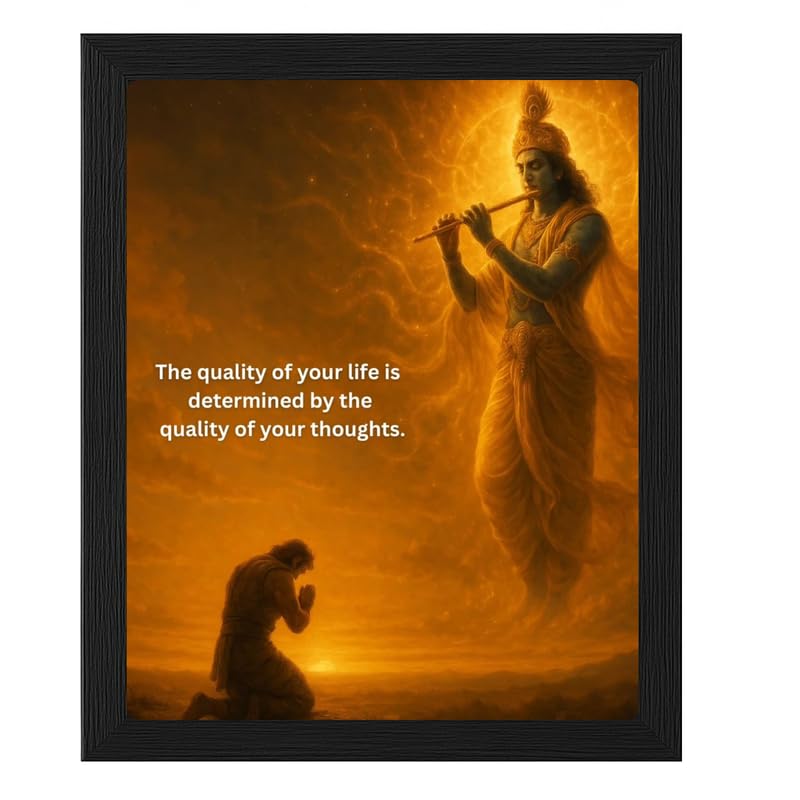 Bhagavad Gita Quote Frame 8x10 Inch– “The Quality of Life is Determined by Thoughts” Inspirational Krishna Wall Art for Home & Office Decor
