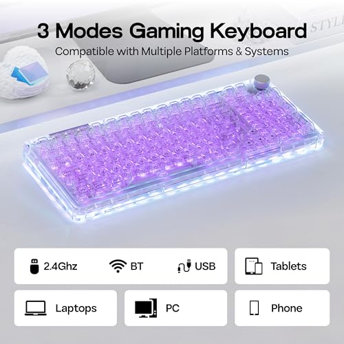 Image of KiiBoom Phantom 98 Crystal Mechanical Gaming Keyboard, Transparent Keyboard with RGB Backlits, Hot-Swappable, Shine Through Clear Keycaps, 3 Modes Wireless, 8000mAh Battery, NKRO for Win /Mac (Clear)