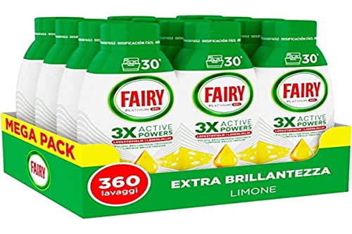 Fairy Lessive Lave-vaisselle Gel liquide, 360 lavages, Lot de 12 bouteilles, Platinum Citron, donne une brillance supplémentaire au lave-vaisselle, combine propreté...