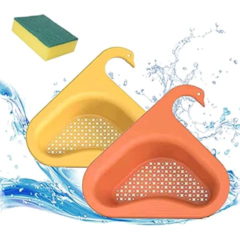 Swan Drain Basket for Kitchen Sink clours Triangular Corner Sink Strainers Filter with Soap Sponge Drain Rack Punch-free (Yellow & orange) Cover