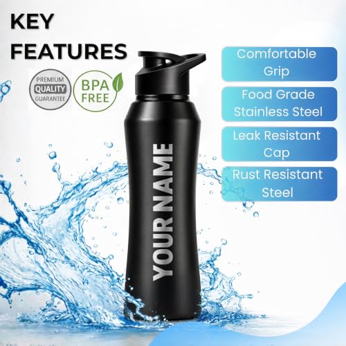 Image of Speedex Customised Engraved Name Stainless Steel Water Bottle 1 Ltr - Personalised Sipper Cap Bottle for Kids, Men & Women, School, Gym, Travel, Black, BIS Approved, Set of 1
