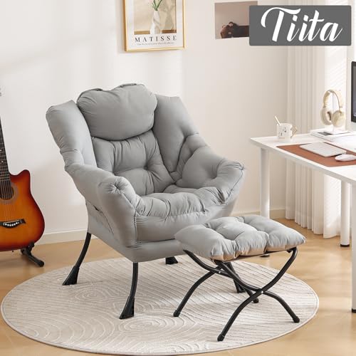 Image of Tiita Lazy Chair with Ottoman, Light Grey Modern Large Accent Chair, Comfy Leisure Sofa Armchair with Ottoman, Reading Chair with Footrest for Bedroom, Living Room, Dorm Rooms, Peach Light Grey
