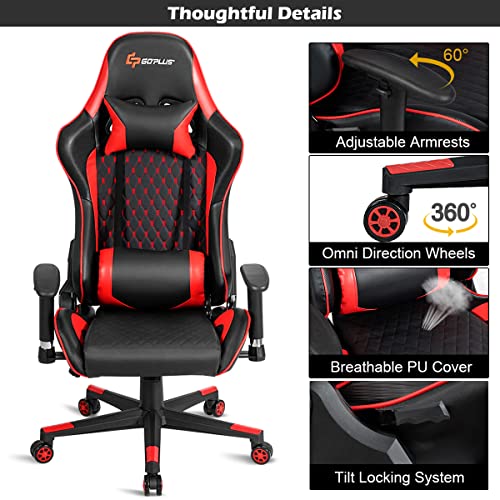 Giantex In hoogte verstelbare gamingstoel met lendensteun en hoofdsteun, bureaustoel met rugleuning en armleuningen, ergonomisch design, maximale belasting 150 kg (rood) - Afbeelding 7