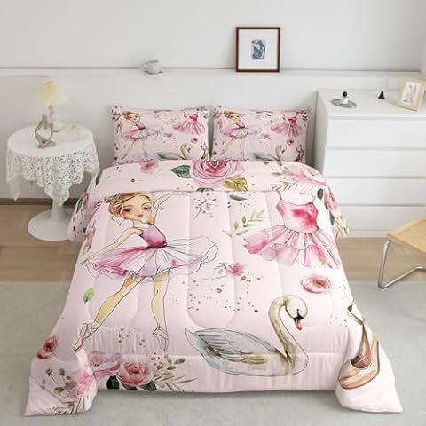 Manfei Ballet Dance Girl Pink Queen Size Comforter Set,Fantasy Dancing Dress Shoes Down Alternative Adults Room Decor,Dreamy Swan Watercolor Flowers Ultra Soft Microfiber Inner Fill 3Pcs Cover