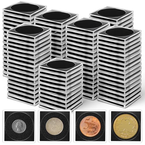 AOZUO 100 Pcs Acrylic Coin Collection Cases with 5 Sizes Adjustable Black Gaskets, 20mm-40mm Coin Capsules Coin Snap Holders Silver Dollar Protection Cases for Coin Collection Supplies
