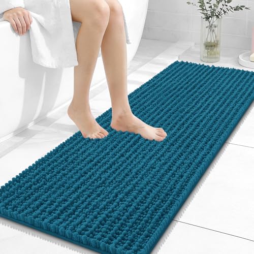 Image of OLANLY Long Bathroom Rugs Runner 47x17, Thick Soft and Absorbent Chenille Bath Mat, Non-Slip, Machine Washable Quick Dry Bath Rugs for Tub Shower Floor, Home Decor Accessories, Peacock Blue
