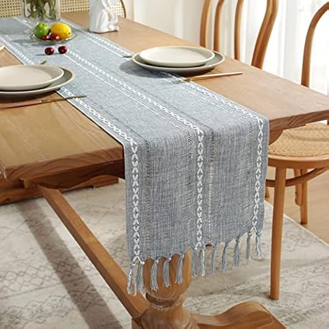 Jeloris Braided Striped Table Runner Farmhouse Cotton Linen Table Runner with Tassels for Parties Christmas Kitchen Dinner Birthday Table Decorations, Dusty Blue, 12 x 108 Inch Cover