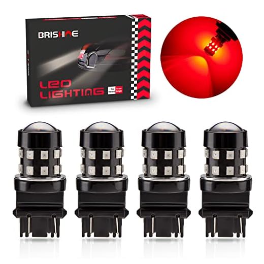 BRISHINE 4-Pack Super Bright 3157 3156 3057 4057 3157K LED Bulbs Brilliant Red 9-30V Non-Polarity 24-SMD LED Chipsets with Projector for Brake Tail Lights, Turn Signal Lights