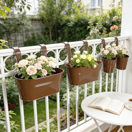 8 Pack Mixed Size Metal Railing Planters with Hanging Hooks, Chocolate by Joyfernal - Used condition - Image 6