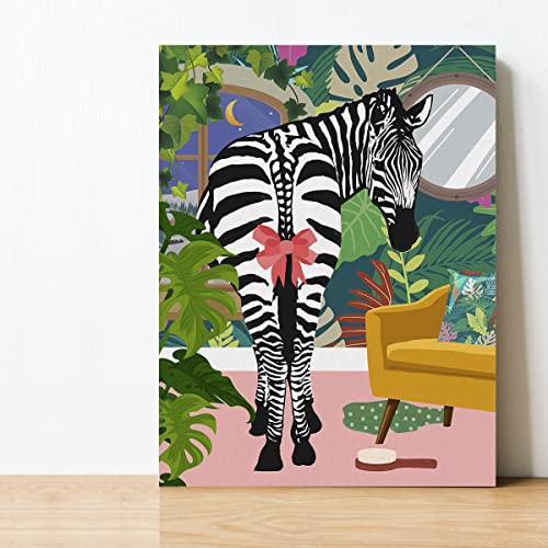 Bathroom Zebra Canvas Poster Painting Wall Art, Tropical Plant Zebra Picture Artwork Framed Print Ready To Hang For Home Wall Decor 12 X 15 Inch #TOP3