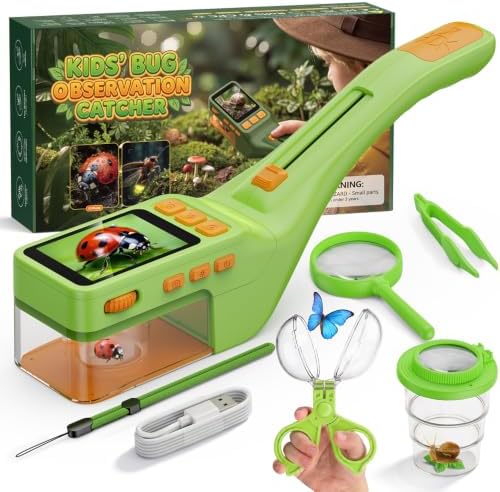Temodu Insektenfänger Mikroskop für Kinder, 2,4-Zoll HD-Mikroskop, 500X | 4 Helligkeitsstufen, Foto & Video, 1000-mAh-Akku, Outdoor-Forschungsspielzeug, Geschenk für Kinder ab 3 Ja