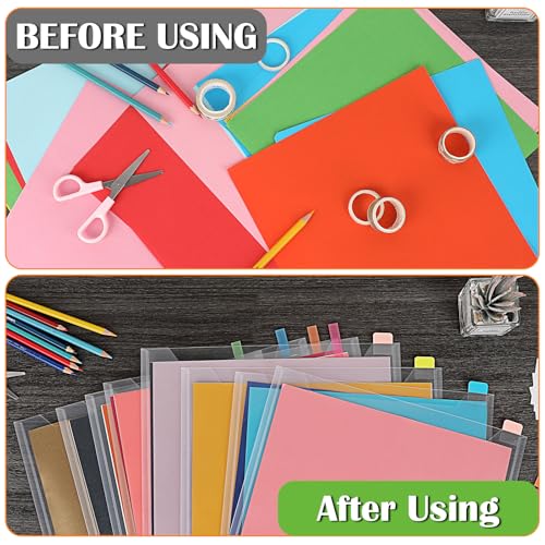 Image of BTSKY 45PCS 12x12 Scrapbook Paper Storage Organizer Top Loading Plastic Paper Storage Clear Craft Organizers and Storage Holder with 160 PCS Sticky Index Tabs for Scrapbook Vinyl Paper Cardstock etc.