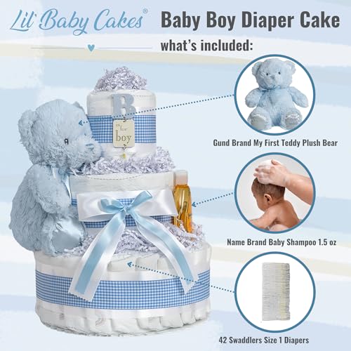 Image of Lil' Baby Cakes Baby Boy Diaper Cake for Baby Shower - Blue Premade Gift | Handmade 3-tier tower: 42 Swaddlers Size 1 diapers, Gund teddy bear & baby shampoo - newborn keepsake, ready to gift