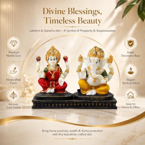 Image of ARMONIA Premium Laxmi Ganesha Idol for Home Decor & Pooja | 4.7 Inch Handmade Ganesh Murti | Marble Finish Polystone Lakshmi Ganpati Statue for Mandir, Office | Best Gift for Wedding & Housewarming