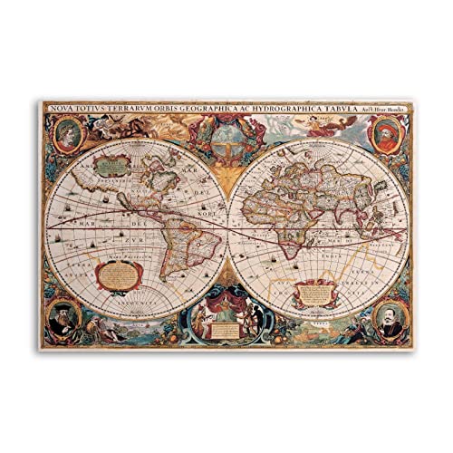 Emn World Map 17Th Century Antique Vintage Canvas Art Poster And Wall Art Picture Print Modern Family Bedroom Decor Posters 16X24Inch cover