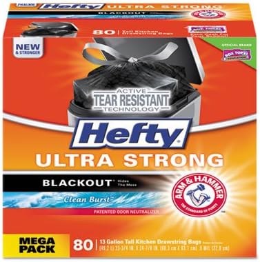 Hefty Blackout Tall-Kitchen Drawstring Bags, 13gal, 0.9mil, Black, Clean Burst, 80/Box