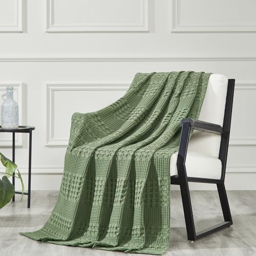 VHC Brands 100 Cotton Waffle Weave Olive Green Throw 50×60 Decorative Cotton Throw Blanket Boho Farmhouse Bedroom Living Room Decor for Bed Couch or Sofa