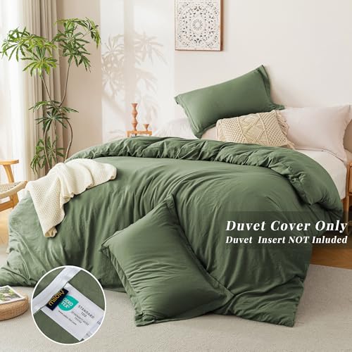 Image of MILDLY Duvet Cover Twin Ultra Soft Comforter Cover Set 2pcs, Olive Green | Washed Microfiber Cotton-Like, Breathable Comfort, Hidden Zipper, 8 Corner Ties, OEKO-TEX Certified, Fade Resistant