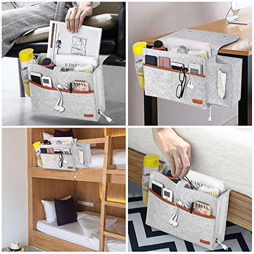 Simboom Bedside Organizer, Felt Bed Storage Caddy with Tissue Box and Water Bottle Holder, Magazine Phone Tablet iPad Remote Holder for Home College Dorm Bed Rails, Sofa, Bunk Beds - Light Grey - Image 3
