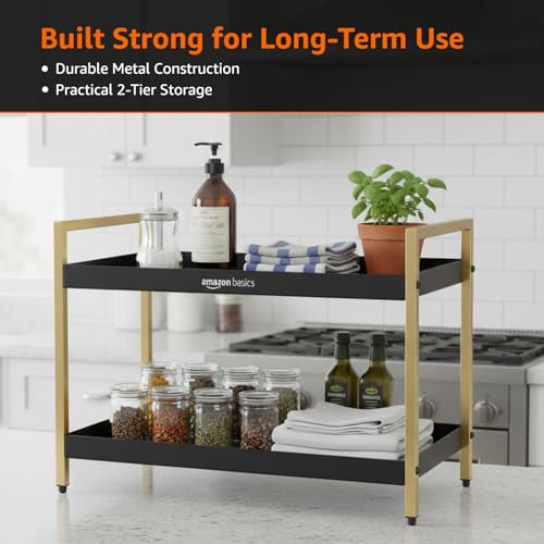 Image of Amazon Basics Modern 2-Tier Metal Organizer Rack for Kitchen, Bathroom, Living Room & Vanity | Black & Gold | Space-Saving Countertop Storage Shelf (20D x 40W x 30H cm)