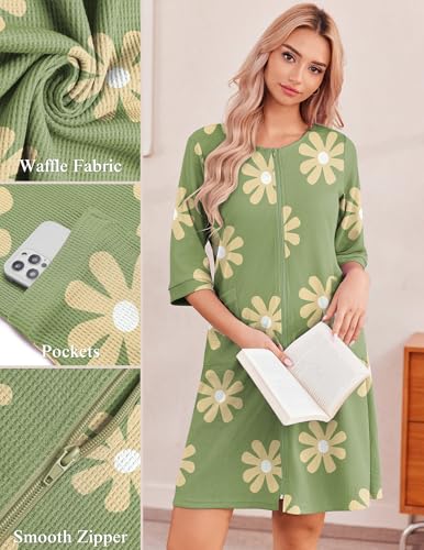 Image of Ekouaer Zip Up Robes for Women Short Waffle Bathrobe Lightweight house coat 3 /4 Sleeve Soft Nightgown with Pockets S-3XL