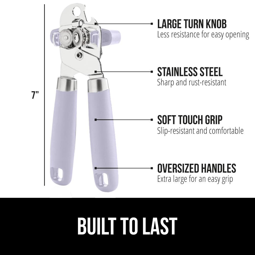 The Original GORILLA GRIP Heavy Duty Stainless Steel Smooth Edge Manual Can Opener and Bottle Openers, Soft Handle, Rust Proof Oversized Handheld Easy Turn Knob, Multifunctional Kitchen Tool, Lavender