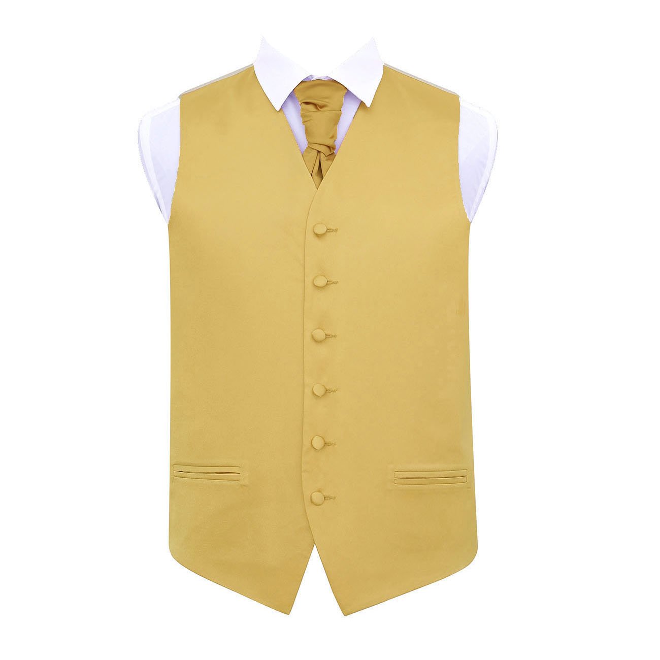 Dqt Men's Gold Plain Satin Waistcoat & Pre-Tied Scrunchie Cravat Set (2Pc) - Wedding, Business & Formal - 48" (4Xl)