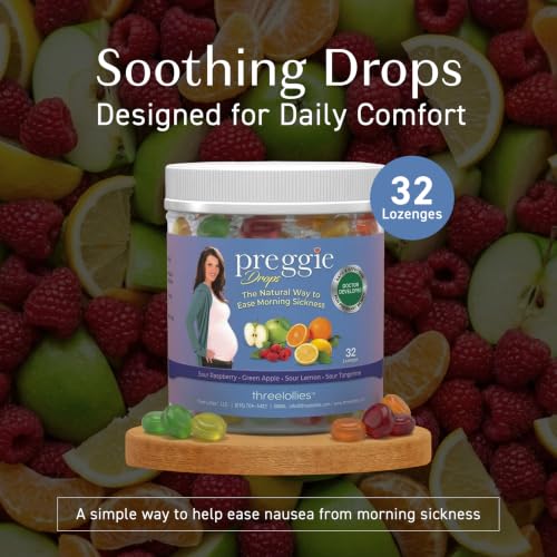 Image of Three Lollies Preggie Drops Pregnancy Nausea Lozenges with Essential Oils & Fruit Extracts, Morning Queasiness Lozenges for Pregnant Women, Natural Sour Drops Variety Pack, 32 Count