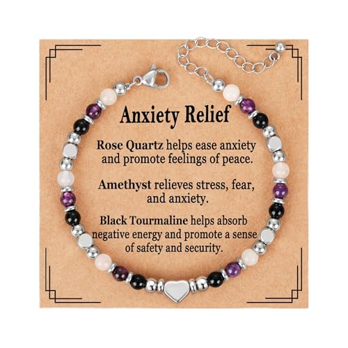 ESPVO Crystals Anxiety Bracelet Gifts for Womens Ladies Healing Stress Relief Depression Amethyst Black Tourmaline Rose Quartz Gemstone Natural Stones Bead Birthday Jewelry Presents for Her Girls Mum