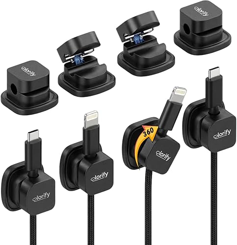 Paquete de 8 clips organizadores de cables giratorios con resorte, soporte de cables de carga adhesivos para escritorio, mesita de noche, laptop,