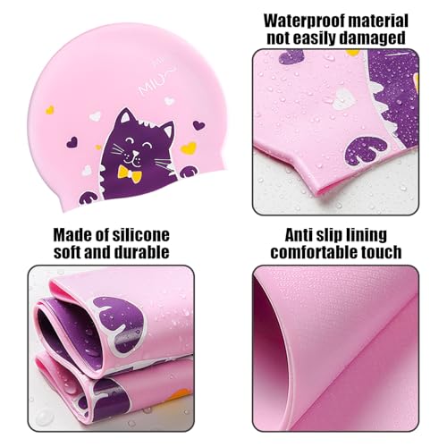 1 -Teilige Rosa Katze Schwimmmütze Mit 1 -Stück -Nasenclip Und 1 Paar Ohrstöpsel, Kinderschwimmkappe, Elastische Schwimmmütze, Schwimmausrüstung.