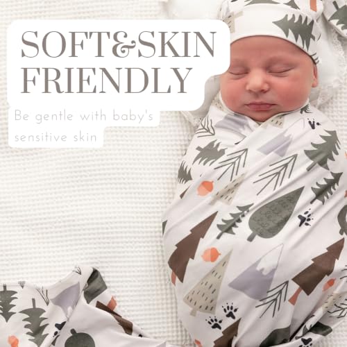 Image of Newborn Swaddle Set, Grey and Green Tree, Beanie | 31.4 x 31.4 in, for 0-3 months, swaddle and receiving blanket, beanie, name card, Grey and Green Tree