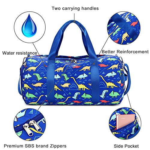 CAMTOP Kids Overnight Duffel Bag for Boys and Girls Carry-On Size Tote for Travel Gym Sport (Dinosaur-Dark Blue)