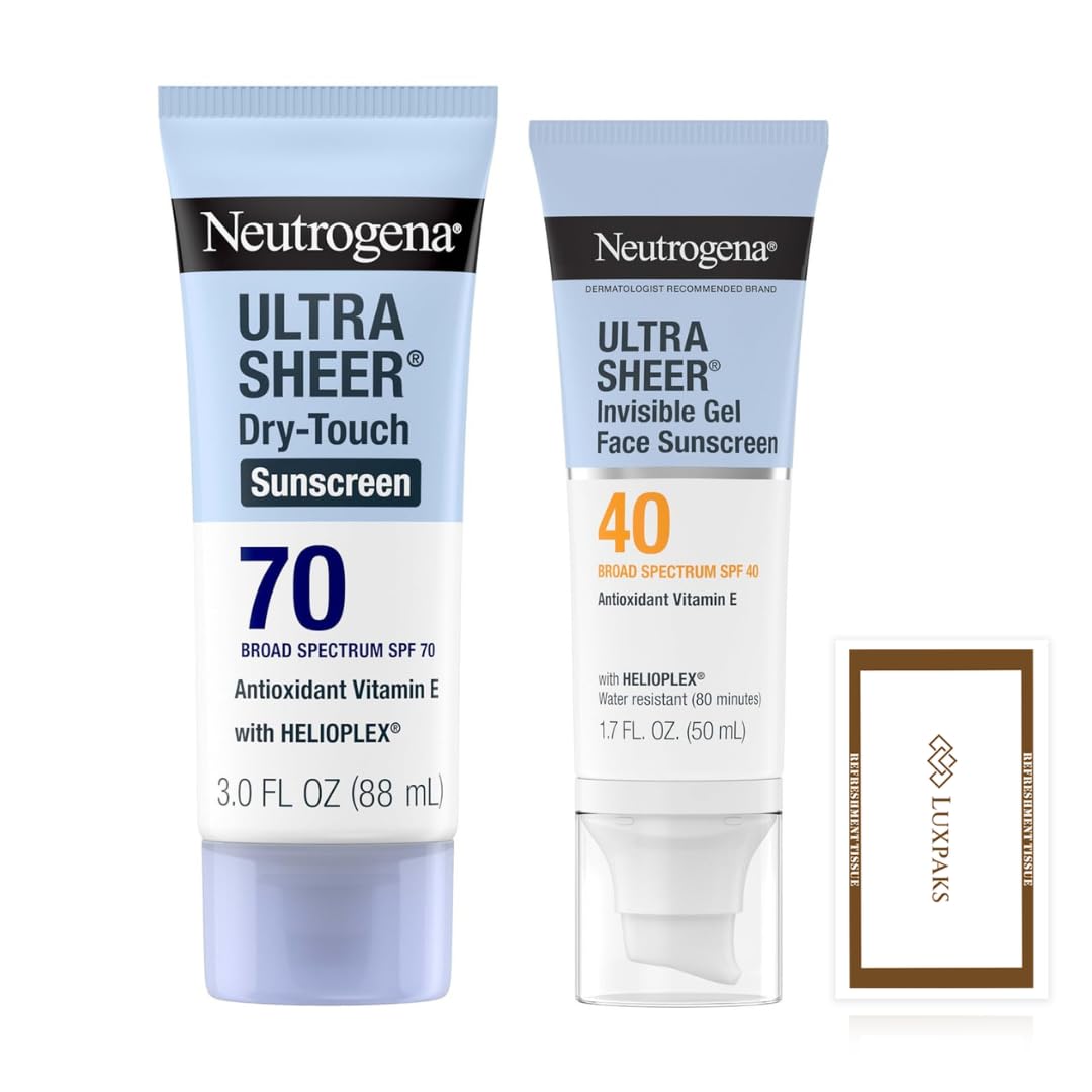Sun Care Set: Neutrogeena Ultra Sheer SPF 70 & SPF 40 + LUXPAKS Wipe | Neutrogeena Ultra Sheer, SPF 70, SPF 40, Dry-Touch Sunscreen, Invisible Daily Gel, Face & Body, LUXPAKS Wipe