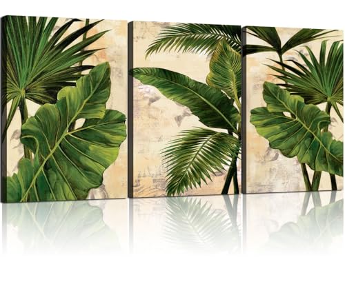 3pcs Framed Palm Leaves Banana Leaf Tropical Plants Wall Art Decor Canvas Print Nature Style Home Greenery Pictures Poster Gallery Bedroom Living Room Studio 12x16 Inch Ready to Hang