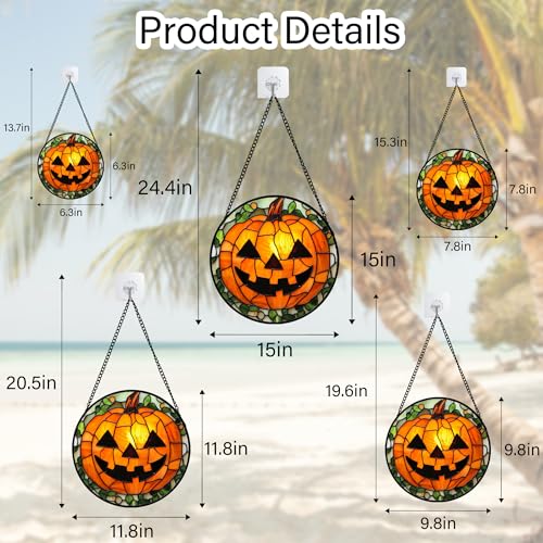 Image of Stained Glass Window Hanging, Halloween Decorations Evil Pumpkin Suncatcher for Doors Garden Indoor Spooky Funny Orange Sun Catchers Gothic Decor Horror Gifts for Women Men Friend 11.8 in